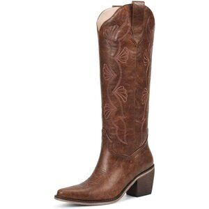 Women's Brown Knee High Cowgirl Tall Boot with Side Zipper Snip Toe Comfortable